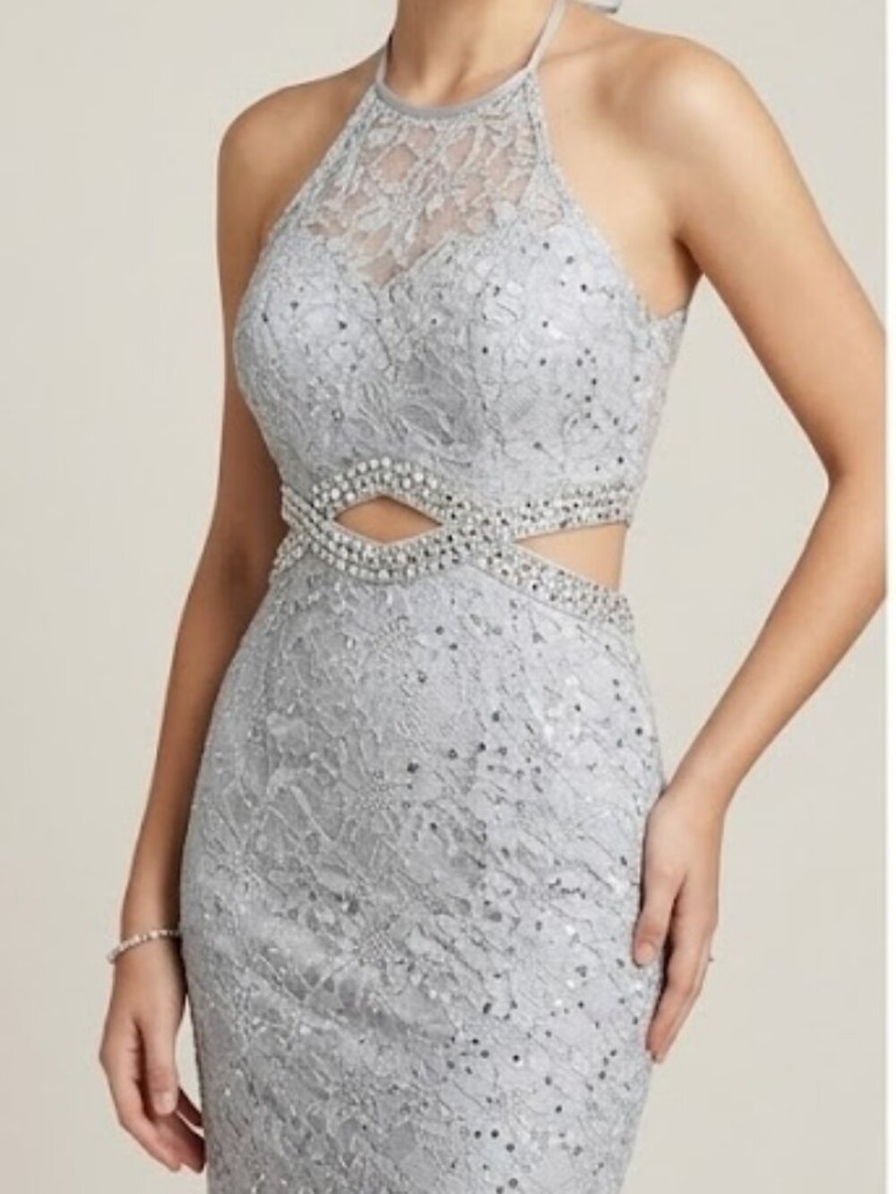 B. Darlin Pale Blue Sequin Lace Halter Dress Cutout Rhinestone Waist - Size 1/2